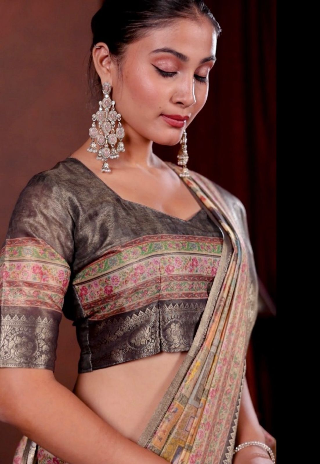 Premium Kanjivaram Erode Silk Saree with Vintage Yellow Floral Digital Print &Jacquard Border: MCL003