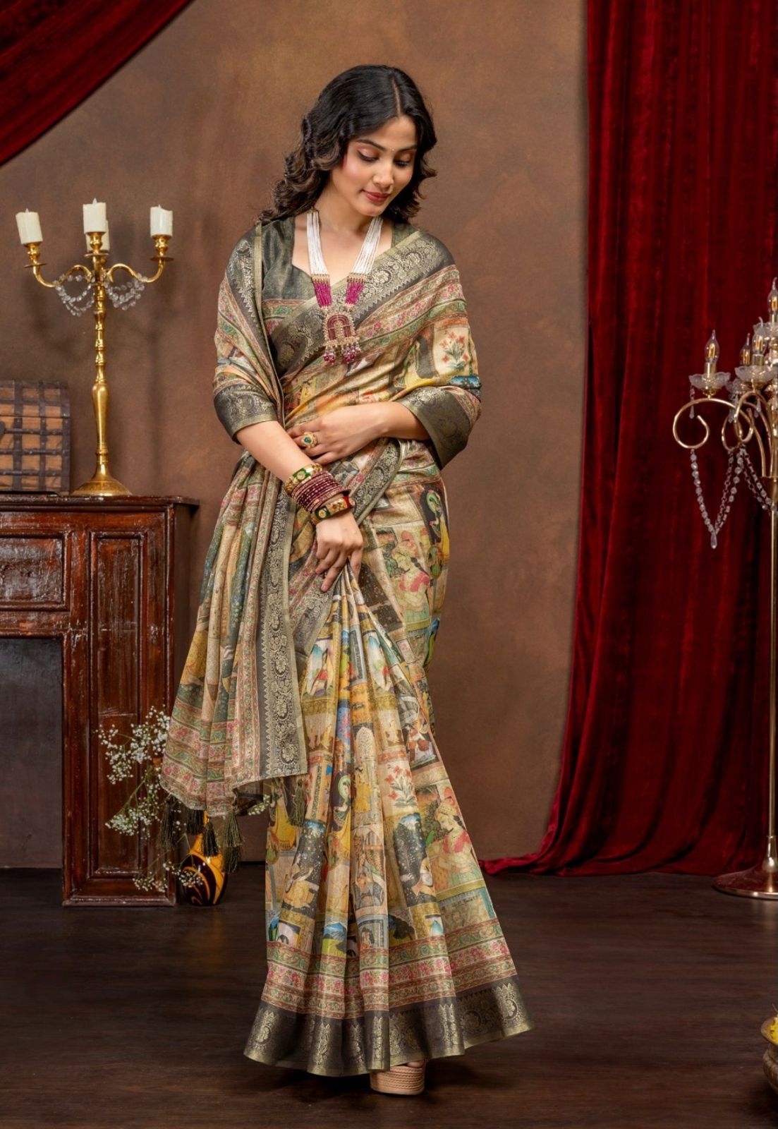 Premium Kanjivaram Erode Silk Saree with Vintage Yellow Floral Digital Print &Jacquard Border: MCL003