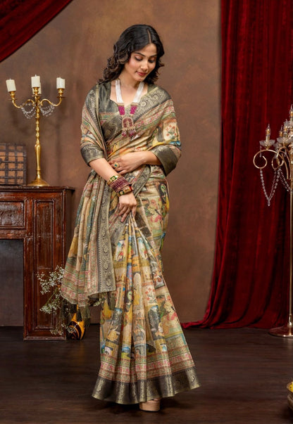 Premium Kanjivaram Erode Silk Saree with Vintage Yellow Floral Digital Print &Jacquard Border: MCL003