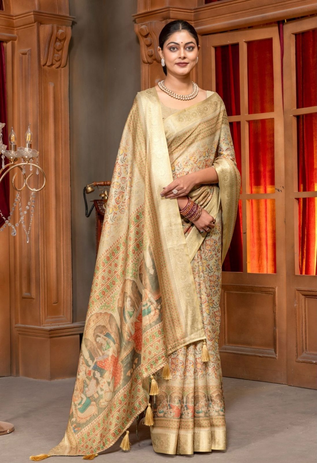 Premium Kanjivaram Erode Silk Saree with Vintage Yellow Floral Digital Print &Jacquard Border: MCL004