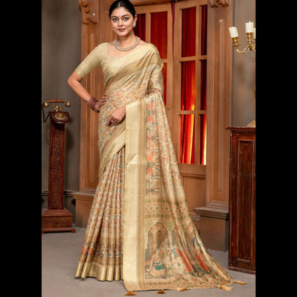 Premium Kanjivaram Erode Silk Saree with Vintage Yellow Floral Digital Print &Jacquard Border: MCL004