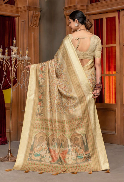 Premium Kanjivaram Erode Silk Saree with Vintage Yellow Floral Digital Print &Jacquard Border: MCL004