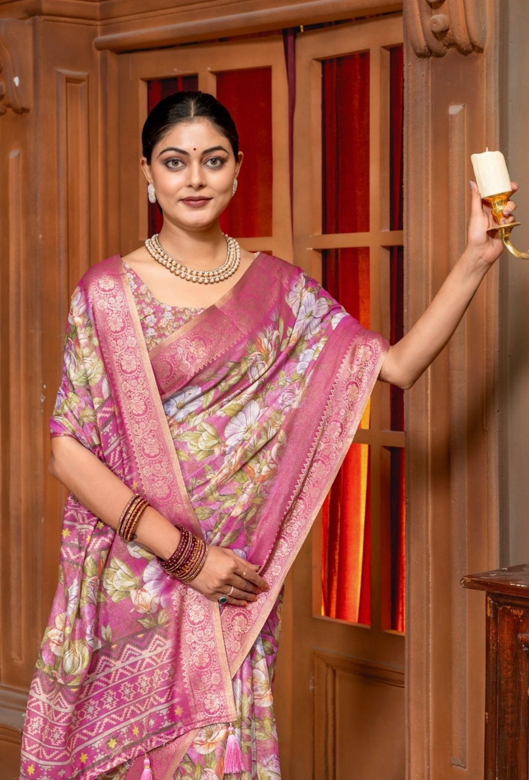 Premium Kanjivaram Erode Silk Saree with Vintage Yellow Floral Digital Print &Jacquard Border: MCL005