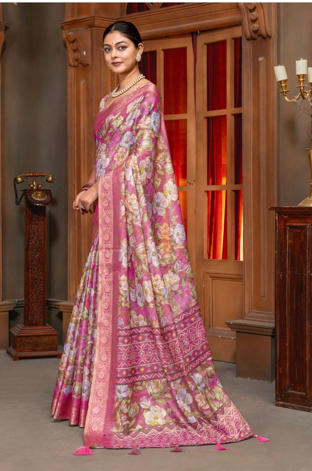 Premium Kanjivaram Erode Silk Saree with Vintage Yellow Floral Digital Print &Jacquard Border: MCL005