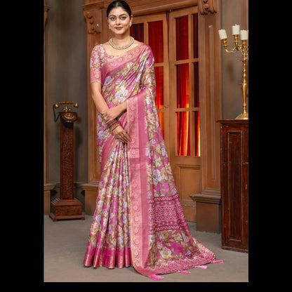 Premium Kanjivaram Erode Silk Saree with Vintage Yellow Floral Digital Print &Jacquard Border: MCL005