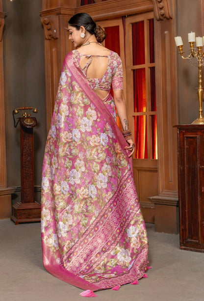 Premium Kanjivaram Erode Silk Saree with Vintage Yellow Floral Digital Print &Jacquard Border: MCL005