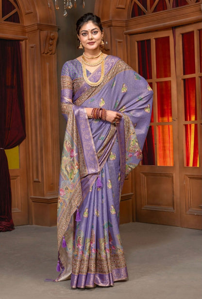 Premium Kanjivaram Erode Silk Saree with Vintage Yellow Floral Digital Print &Jacquard Border: MCL006