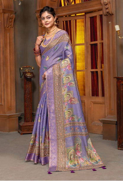 Premium Kanjivaram Erode Silk Saree with Vintage Yellow Floral Digital Print &Jacquard Border: MCL006