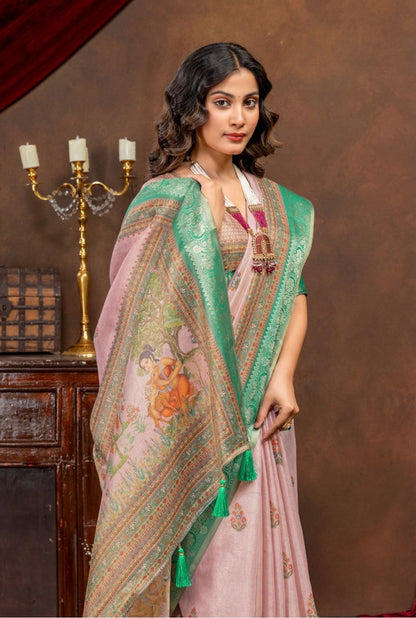 Premium Kanjivaram Erode Silk Saree with Vintage Yellow Floral Digital Print &Jacquard Border: MCL007