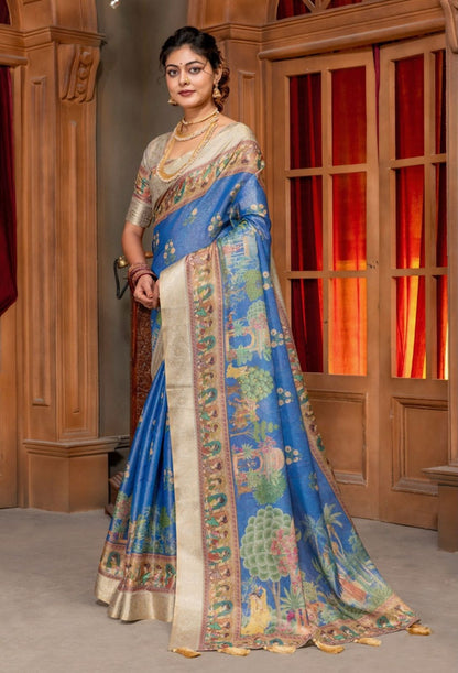 Premium Kanjivaram Erode Silk Saree with Vintage Yellow Floral Digital Print &Jacquard Border: MCL008