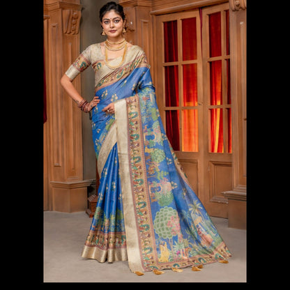 Premium Kanjivaram Erode Silk Saree with Vintage Yellow Floral Digital Print &Jacquard Border: MCL008