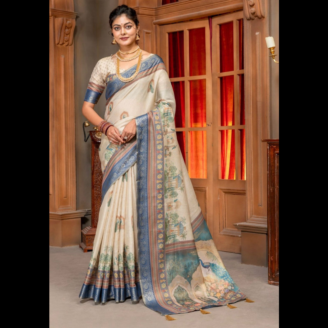 Premium Kanjivaram Erode Silk Saree with Vintage Yellow Floral Digital Print &Jacquard Border: MCL009