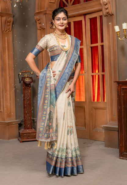 Premium Kanjivaram Erode Silk Saree with Vintage Yellow Floral Digital Print &Jacquard Border: MCL009
