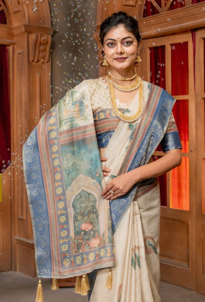 Premium Kanjivaram Erode Silk Saree with Vintage Yellow Floral Digital Print &Jacquard Border: MCL009