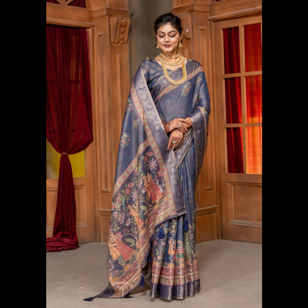 Premium Kanjivaram Erode Silk Saree with Vintage Yellow Floral Digital Print &Jacquard Border: MCL010