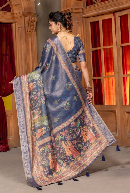 Premium Kanjivaram Erode Silk Saree with Vintage Yellow Floral Digital Print &Jacquard Border: MCL010