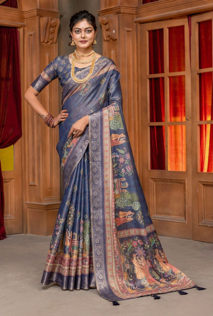 Premium Kanjivaram Erode Silk Saree with Vintage Yellow Floral Digital Print &Jacquard Border: MCL010