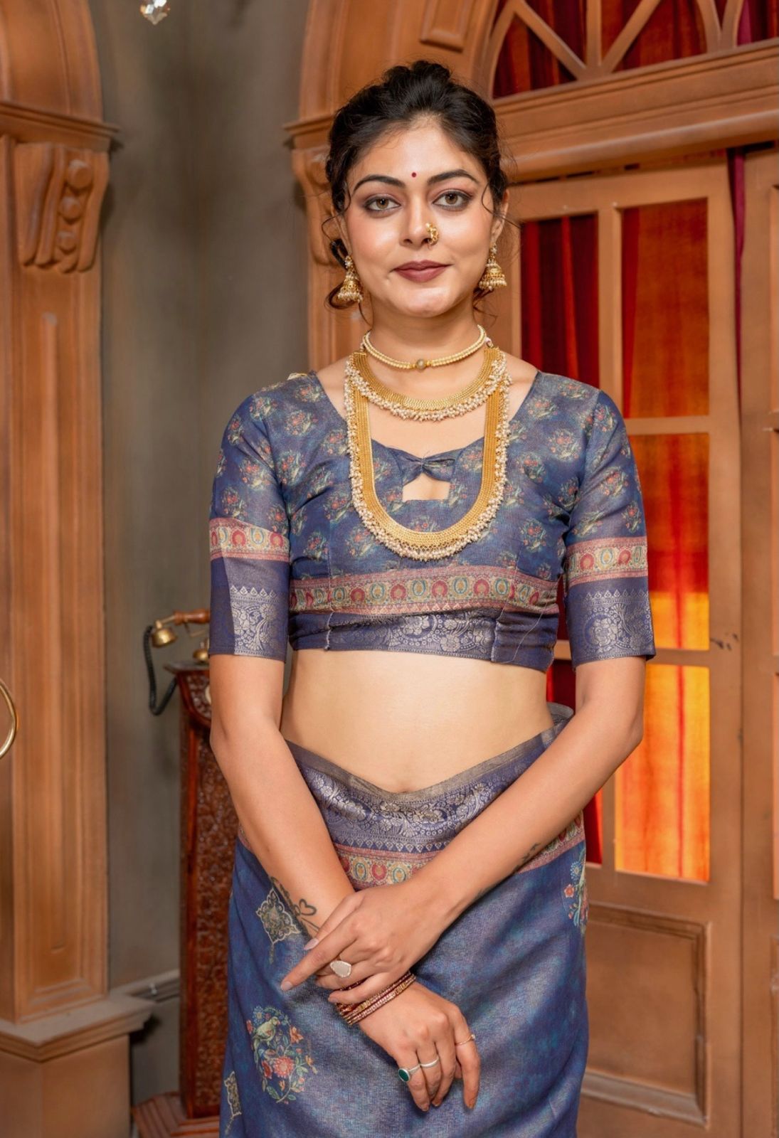 Premium Kanjivaram Erode Silk Saree with Vintage Yellow Floral Digital Print &Jacquard Border: MCL010