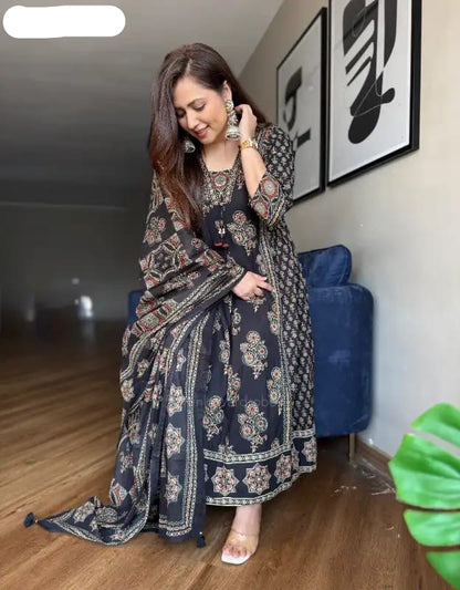 Ajarakh Print Anarkali Suit Set - MBNK1790