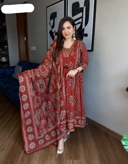 Ajarakh Print Anarkali Suit Set - MBNK1790