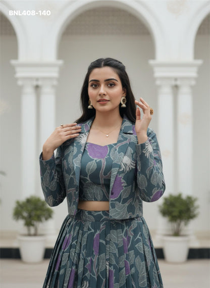 Lehenga   Tasar silk printed co-ord lehenga blends comfort, craft, and couture-like finesse effortlessly - MBNL408