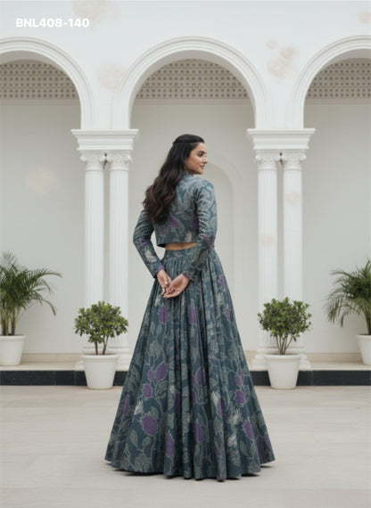 Lehenga   Tasar silk printed co-ord lehenga blends comfort, craft, and couture-like finesse effortlessly - MBNL408
