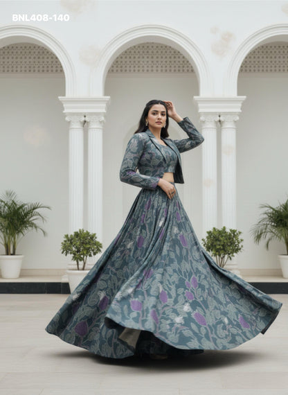 Lehenga   Tasar silk printed co-ord lehenga blends comfort, craft, and couture-like finesse effortlessly - MBNL408