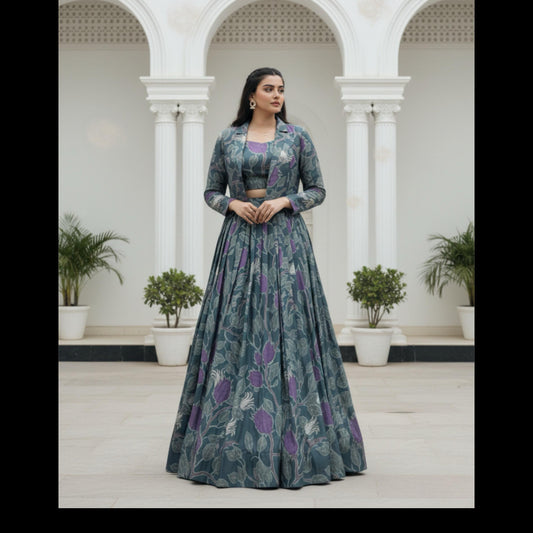 Lehenga   Tasar silk printed co-ord lehenga blends comfort, craft, and couture-like finesse effortlessly - MBNL408