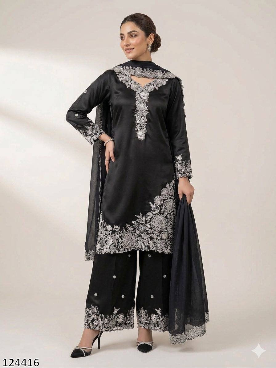 EMBROIDERY WORKED TOP, PLAZZO WITH DUPATTA FRANCH CRAPE - MRN124416