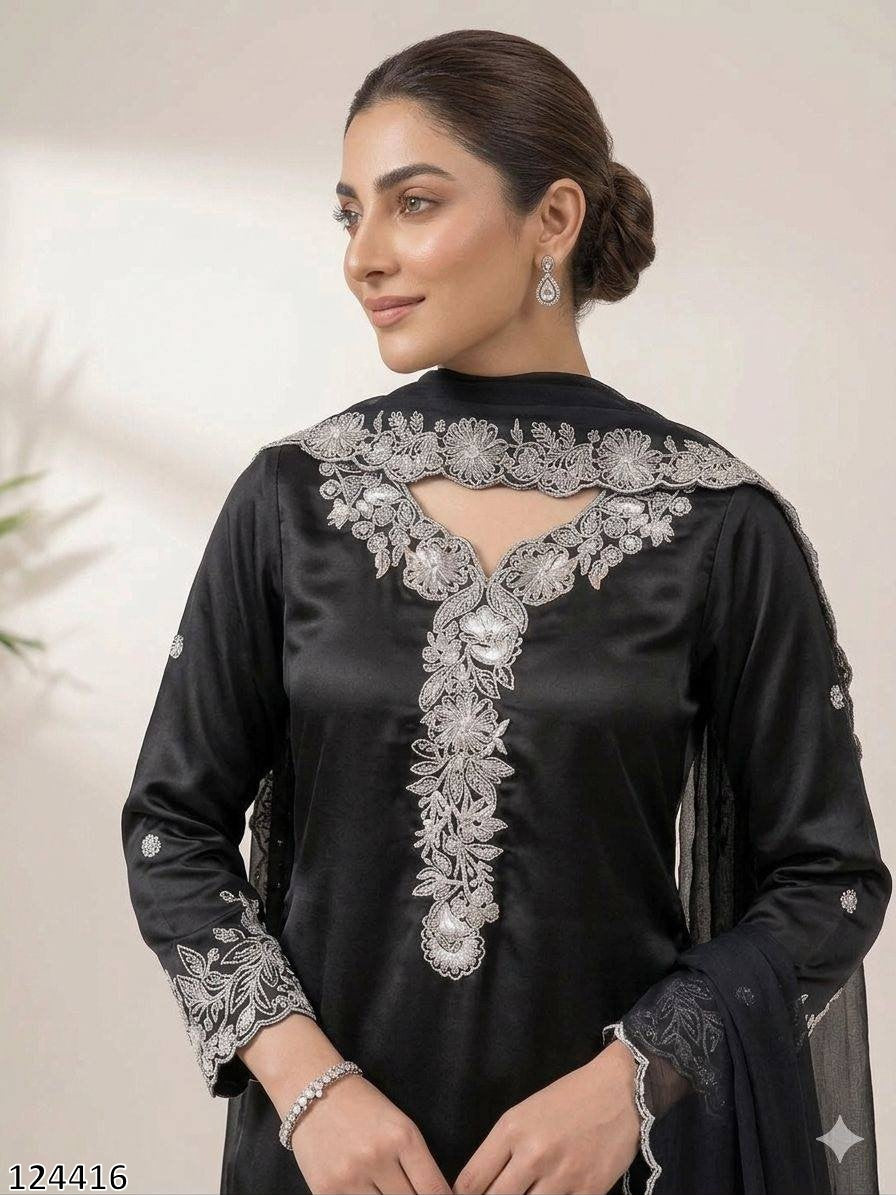 EMBROIDERY WORKED TOP, PLAZZO WITH DUPATTA FRANCH CRAPE - MRN124416