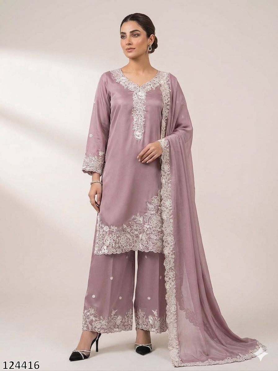 EMBROIDERY WORKED TOP, PLAZZO WITH DUPATTA FRANCH CRAPE - MRN124416