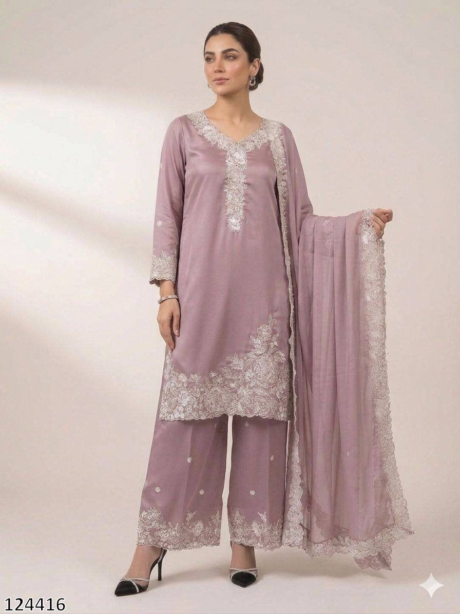 EMBROIDERY WORKED TOP, PLAZZO WITH DUPATTA FRANCH CRAPE - MRN124416