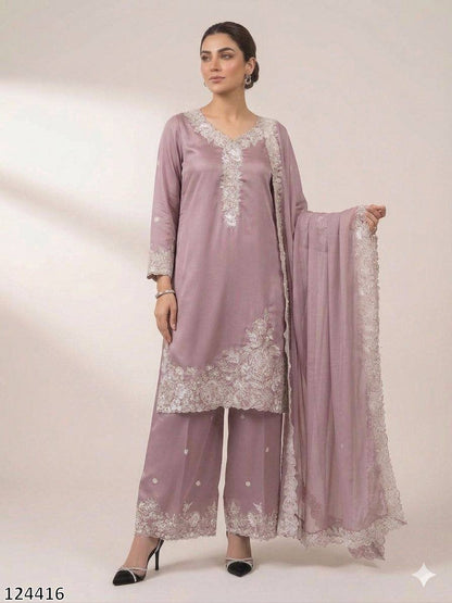 EMBROIDERY WORKED TOP, PLAZZO WITH DUPATTA FRANCH CRAPE - MRN124416