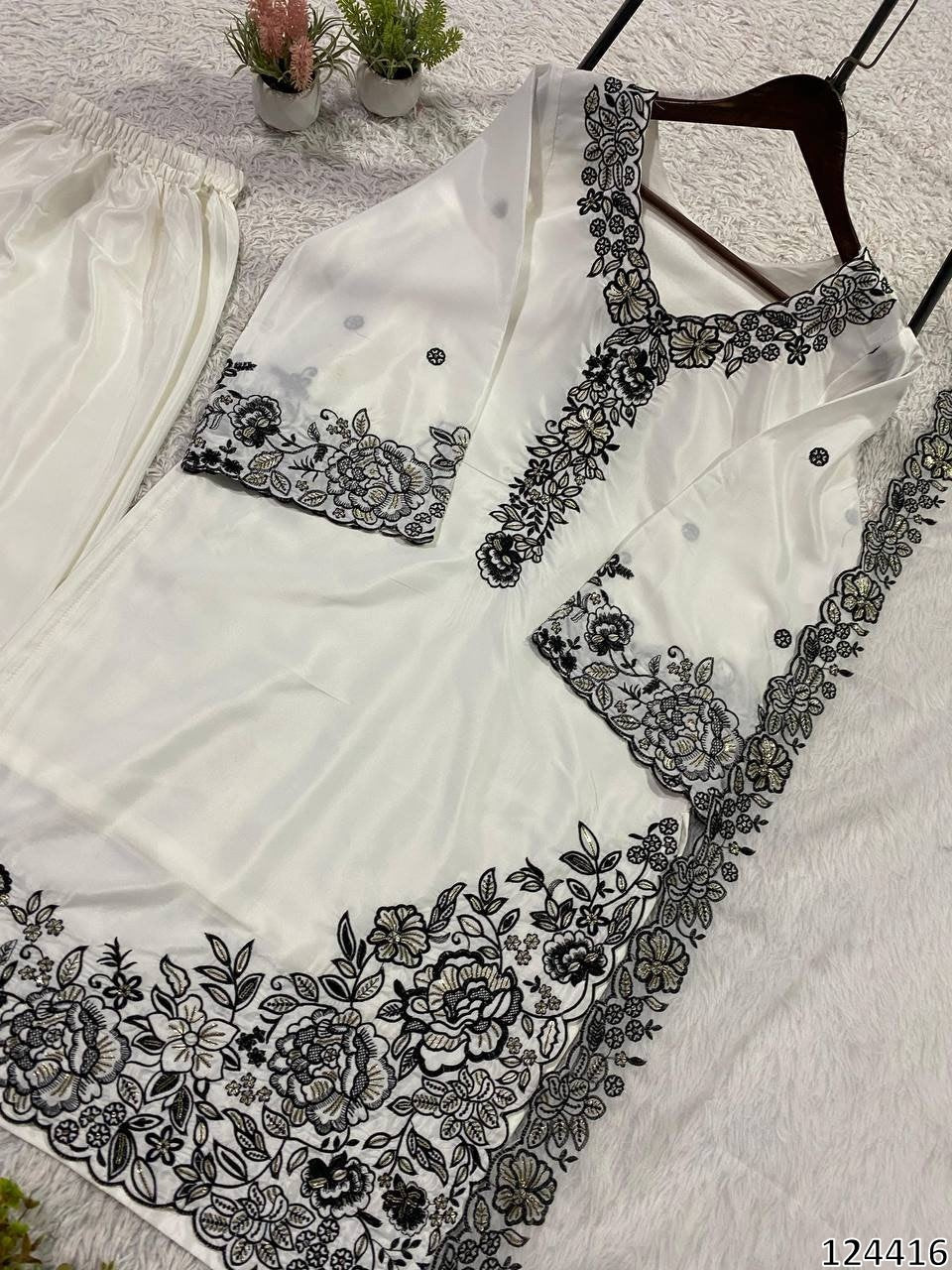 EMBROIDERY WORKED TOP, PLAZZO WITH DUPATTA FRANCH CRAPE - MRN124416