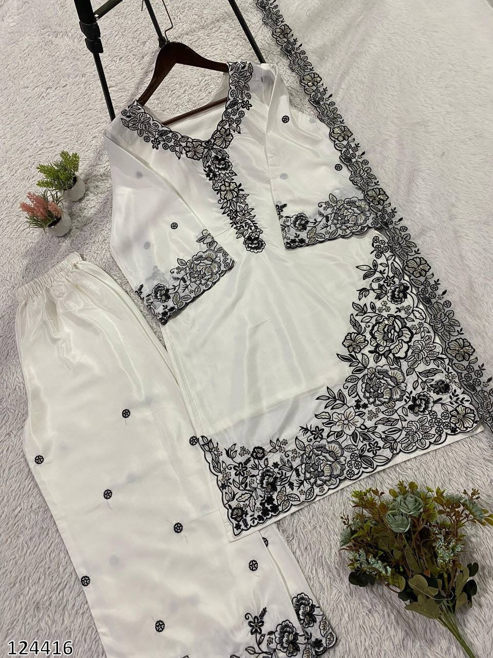 EMBROIDERY WORKED TOP, PLAZZO WITH DUPATTA FRANCH CRAPE - MRN124416