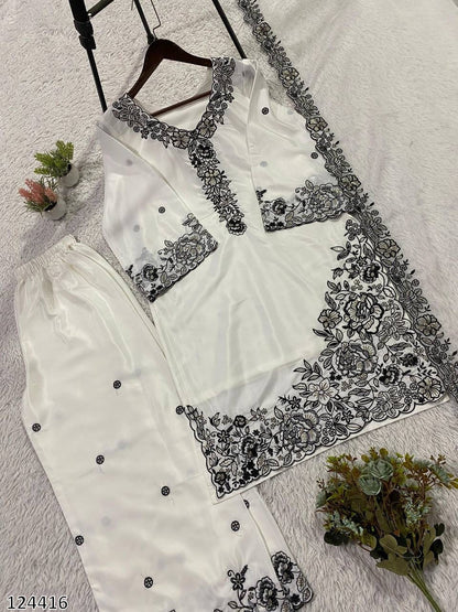 EMBROIDERY WORKED TOP, PLAZZO WITH DUPATTA FRANCH CRAPE - MRN124416