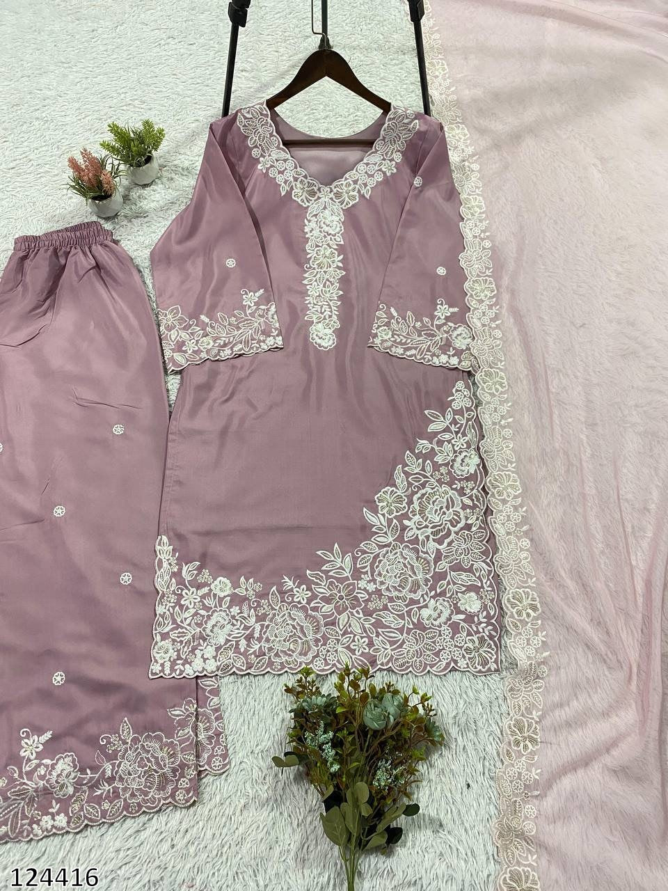 EMBROIDERY WORKED TOP, PLAZZO WITH DUPATTA FRANCH CRAPE - MRN124416