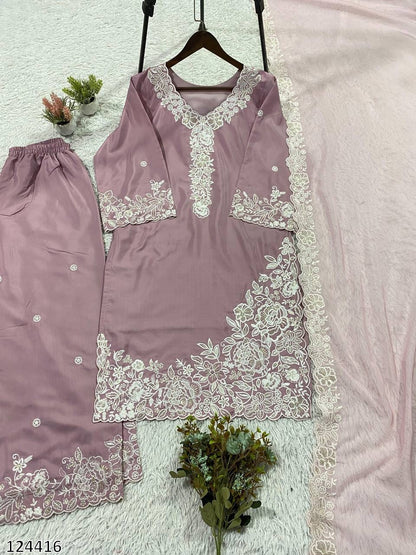 EMBROIDERY WORKED TOP, PLAZZO WITH DUPATTA FRANCH CRAPE - MRN124416