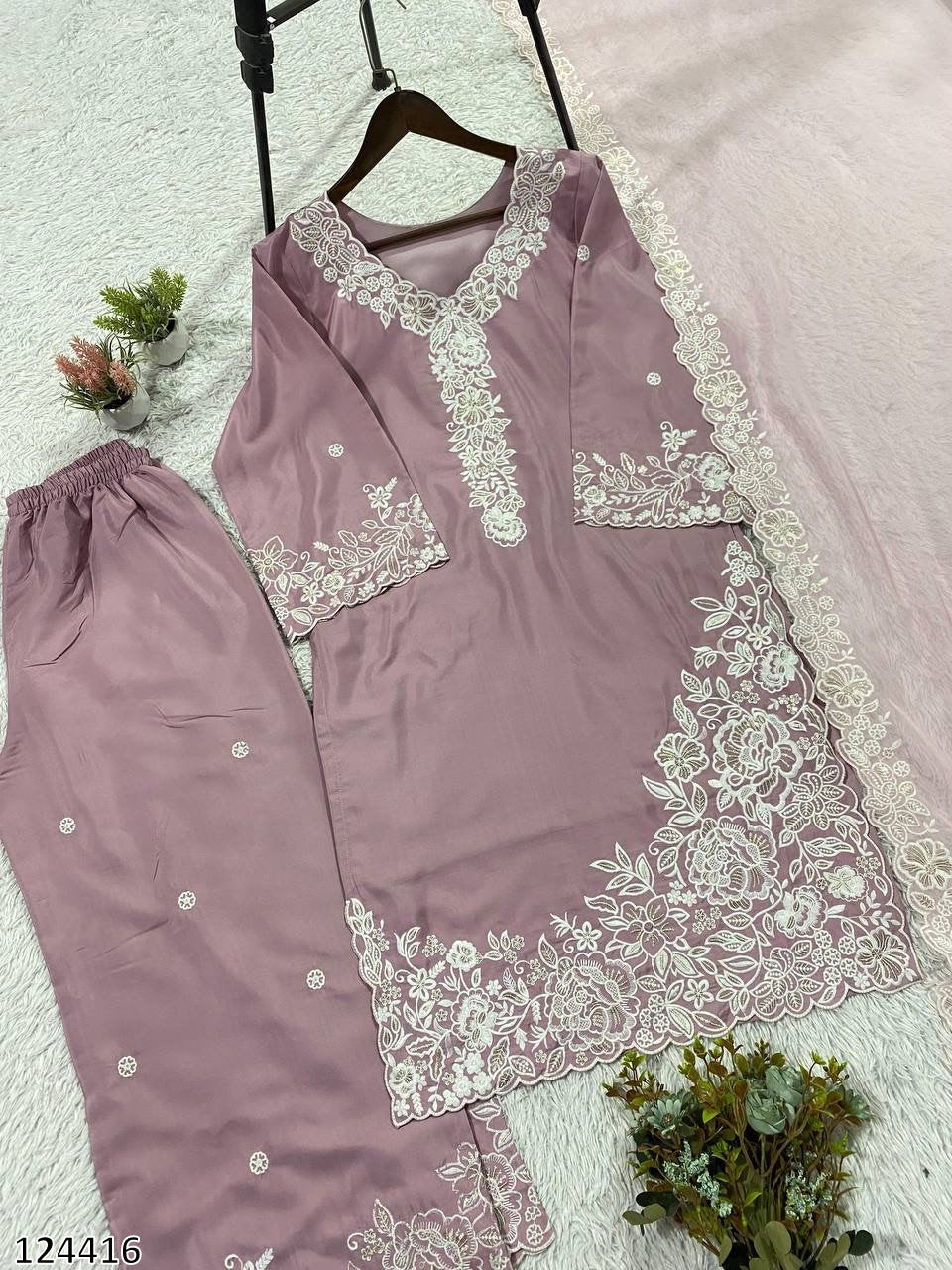 EMBROIDERY WORKED TOP, PLAZZO WITH DUPATTA FRANCH CRAPE - MRN124416