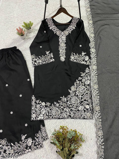 EMBROIDERY WORKED TOP, PLAZZO WITH DUPATTA FRANCH CRAPE - MRN124416