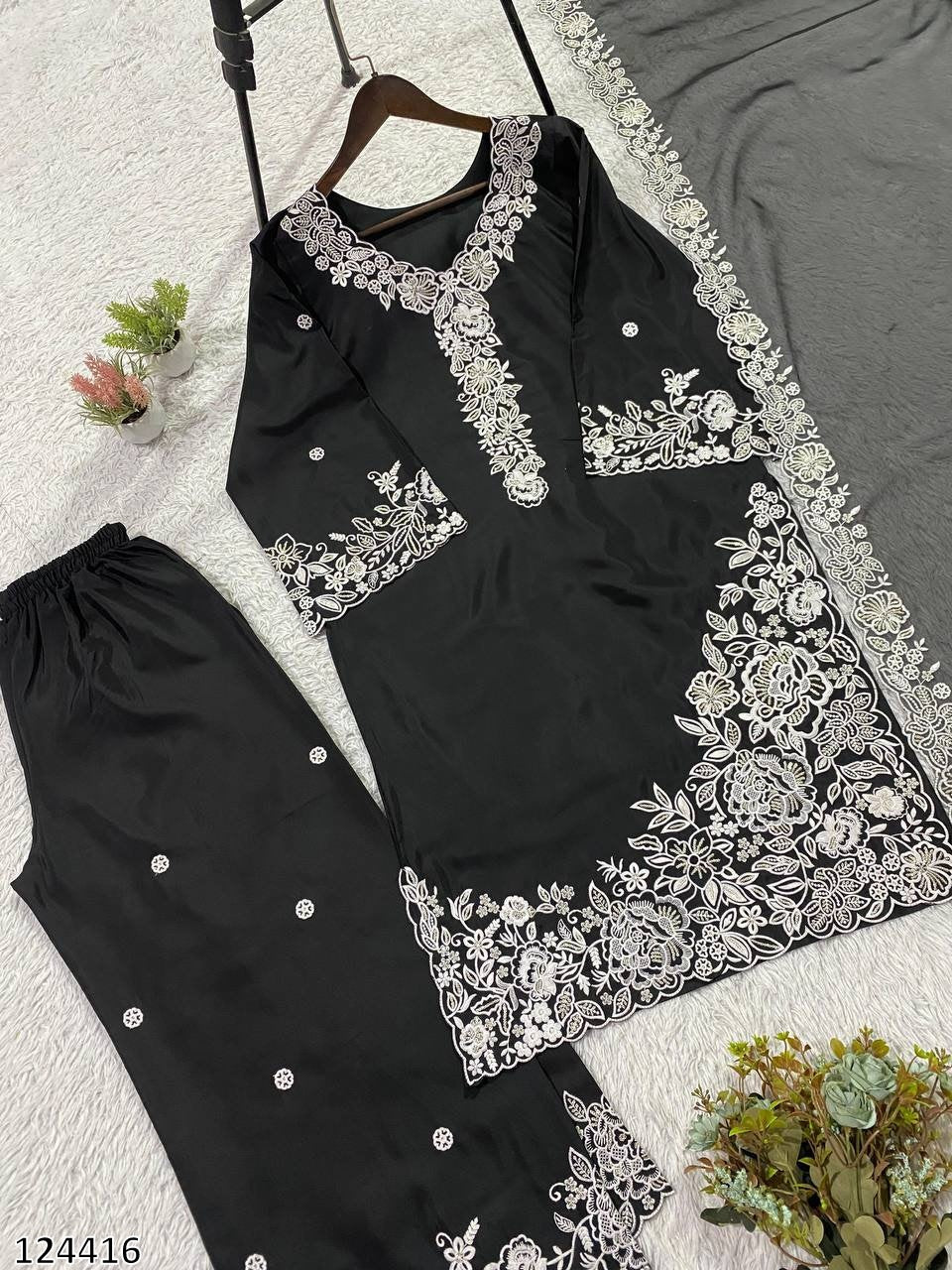 EMBROIDERY WORKED TOP, PLAZZO WITH DUPATTA FRANCH CRAPE - MRN124416
