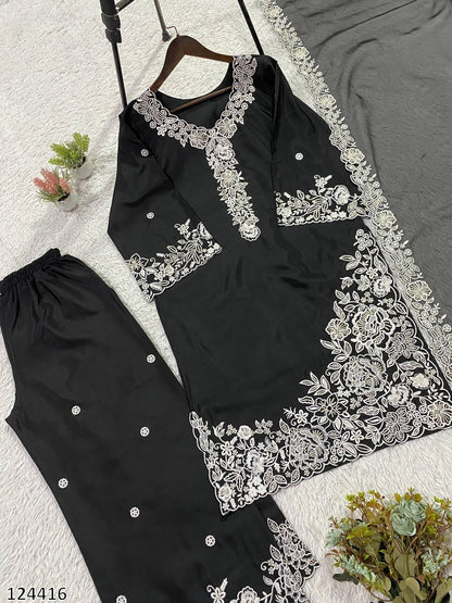 EMBROIDERY WORKED TOP, PLAZZO WITH DUPATTA FRANCH CRAPE - MRN124416