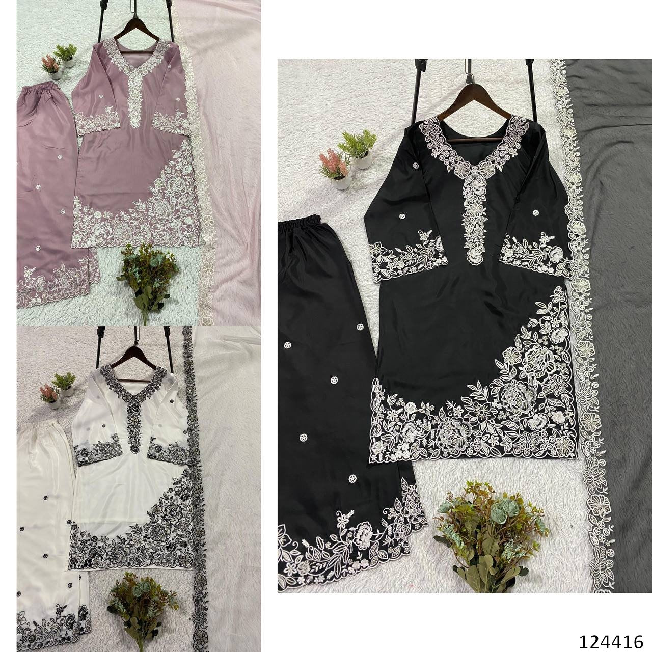 EMBROIDERY WORKED TOP, PLAZZO WITH DUPATTA FRANCH CRAPE - MRN124416