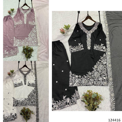 EMBROIDERY WORKED TOP, PLAZZO WITH DUPATTA FRANCH CRAPE - MRN124416