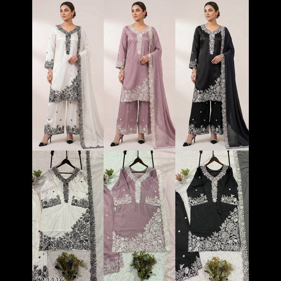 EMBROIDERY WORKED TOP, PLAZZO WITH DUPATTA FRANCH CRAPE - MRN124416