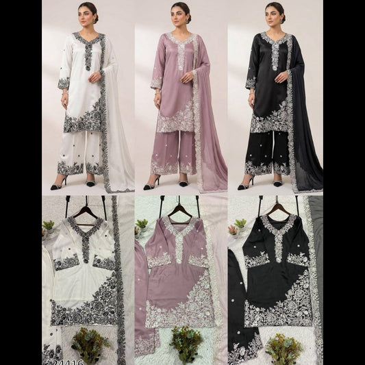 EMBROIDERY WORKED TOP, PLAZZO WITH DUPATTA FRANCH CRAPE - MRN124416