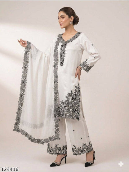 EMBROIDERY WORKED TOP, PLAZZO WITH DUPATTA FRANCH CRAPE - MRN124416