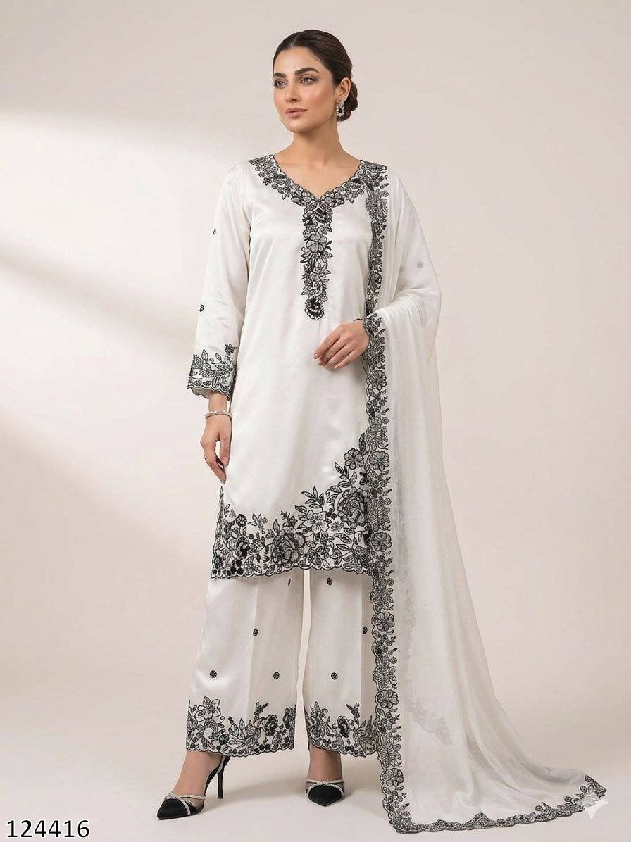 EMBROIDERY WORKED TOP, PLAZZO WITH DUPATTA FRANCH CRAPE - MRN124416