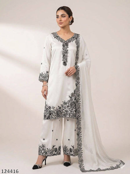 EMBROIDERY WORKED TOP, PLAZZO WITH DUPATTA FRANCH CRAPE - MRN124416