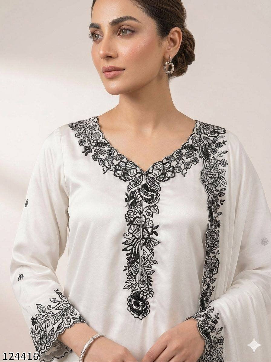 EMBROIDERY WORKED TOP, PLAZZO WITH DUPATTA FRANCH CRAPE - MRN124416